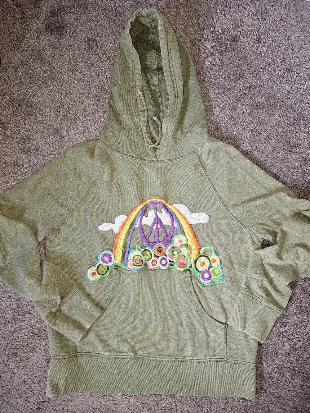 Y2K Lucky Brand Green Embroidered Peace Sign & Rainbow Hoodie Sz M
